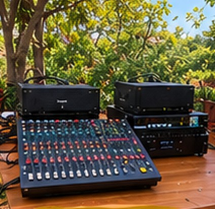 Audio mixer and amplifiers on a table